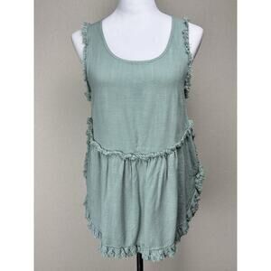 Umgee Linen Cotton Blend Sz S Boho Tank Top Green Raw Fringe Trim Beach Peasant